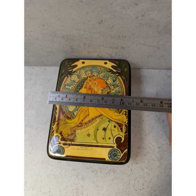 1990s Large Hand-Painted Russian Lacquer Box — “Zodiac” After Mucha, Signed For Sale - Image 9 of 10
