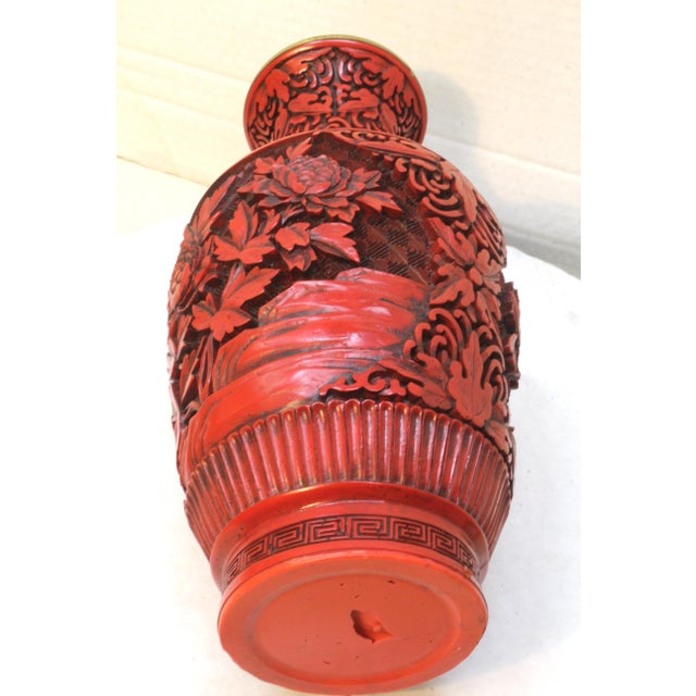 Brick Red 1980s Floral Cinnabar-Style MCM Asian Revival Style Molded Baluster Vase For Sale - Image 8 of 18
