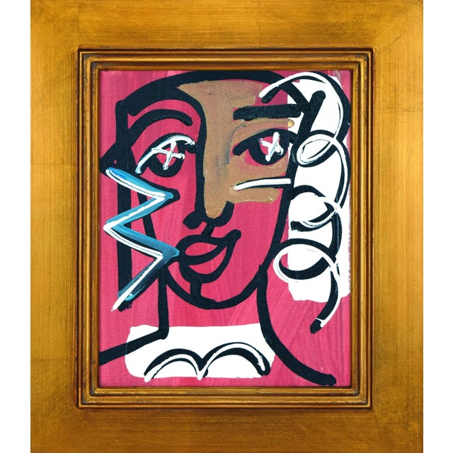 Contemporary cubist portrait painting presented in a gilt plein air frame with notched corners. Oil stick and acrylic on...