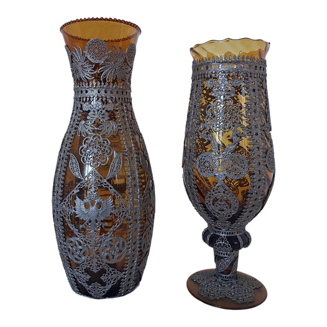 Pair of Antique Bohemian Amber Glass Vases With Elaborate Silver-Plated Filigree & Imperial Double-Headed Eagle Mounts (C. 1900) For Sale