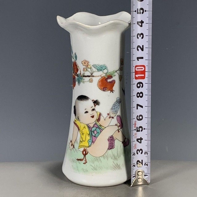 Late 20th Century Vintage Famille Rose Porcelain Floral Vase – Boy & Pomegranate Motif, Qianlong Mark For Sale - Image 5 of 9