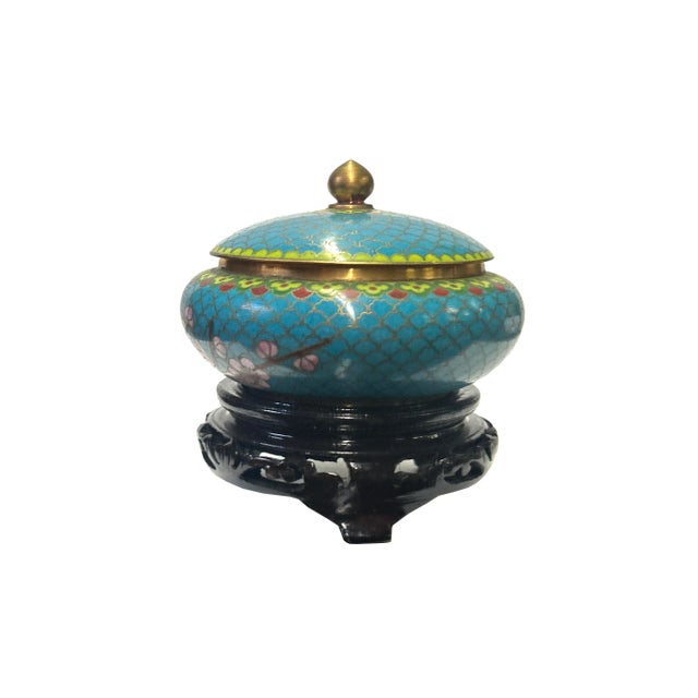 2000 - 2009 Chinese Teal Turquoise Metal Cloisonné Blossom Flower Theme Round Box For Sale - Image 5 of 6