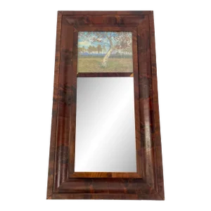 Antique Empire Flame Mahogany Ogee Mirror With Reverse Painted Panel
