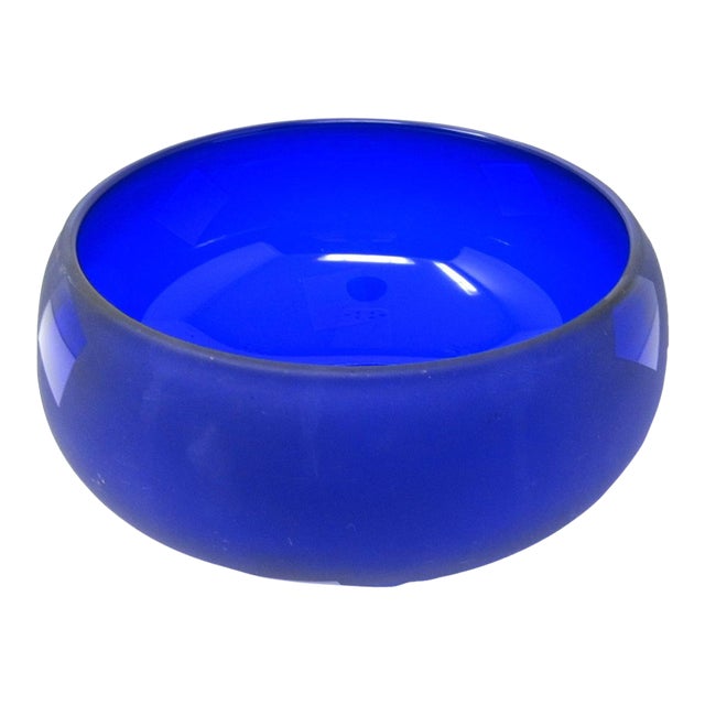 Cobalt Satin Hand-Blown Glass Bowl With Clear Etched Squares | Decorative Glass Bowl For Sale