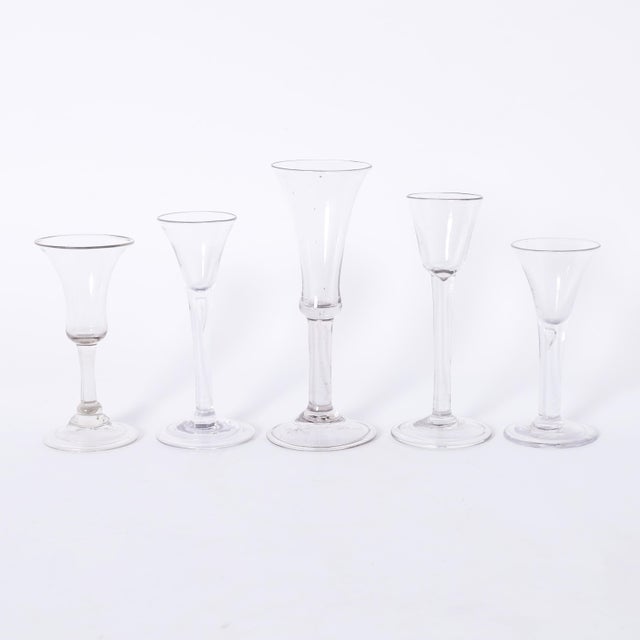 English Set of Five Antique English Folded Foot Wine or Liquor Stem Glasses For Sale - Image 3 of 8