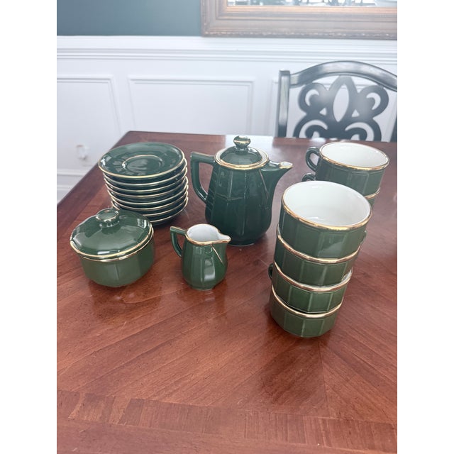 French 1980s Pristine Apilco French Green & Gold 18-Pc Espresso & Coffee Set - Flawless Trim For Sale - Image 3 of 4
