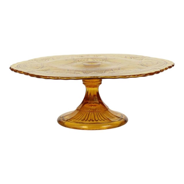Beautiful large vintage amber-colored cake stand, cake platter, or platter with a floral and diamond pattern, featuring an...