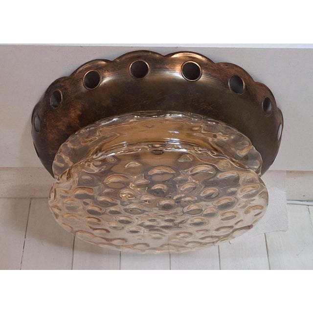 Vintage Ceiling Lamp with Patinated Brass Trim and Amber-Tinted Glass Shade, 1970s For Sale - Image 4 of 9
