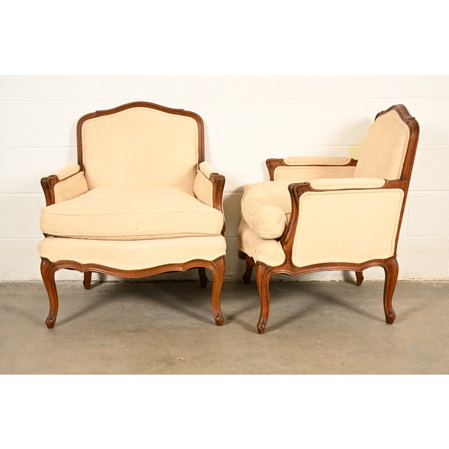 Baker Furniture French Provincial Louis XV Carved Fruitwood Bergère Chairs, Pair For Sale - Image 11 of 14