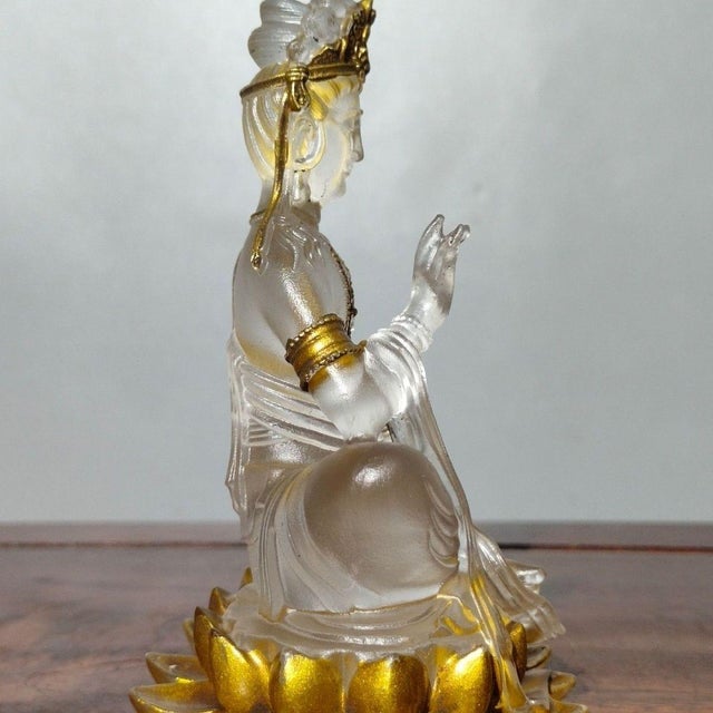 White Vintage Liuli Crystal Lotus Guanyin Statue With Gilt Accents and Original Silk Box For Sale - Image 8 of 9