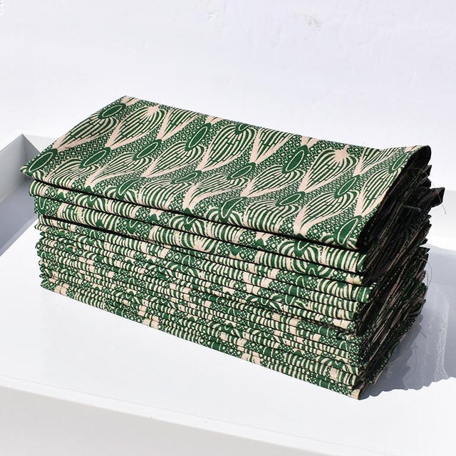 African Wax Formal Cloth Dinner Napkins In Green Block Print Set
