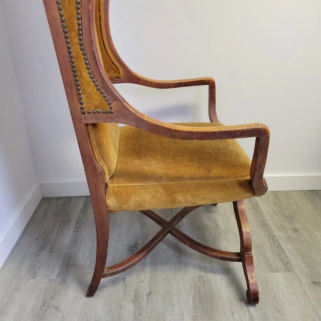 Wood 1970s French Revival Porter’s Canopy Chair in Fruitwood and Ochre Velvet For Sale - Image 7 of 11