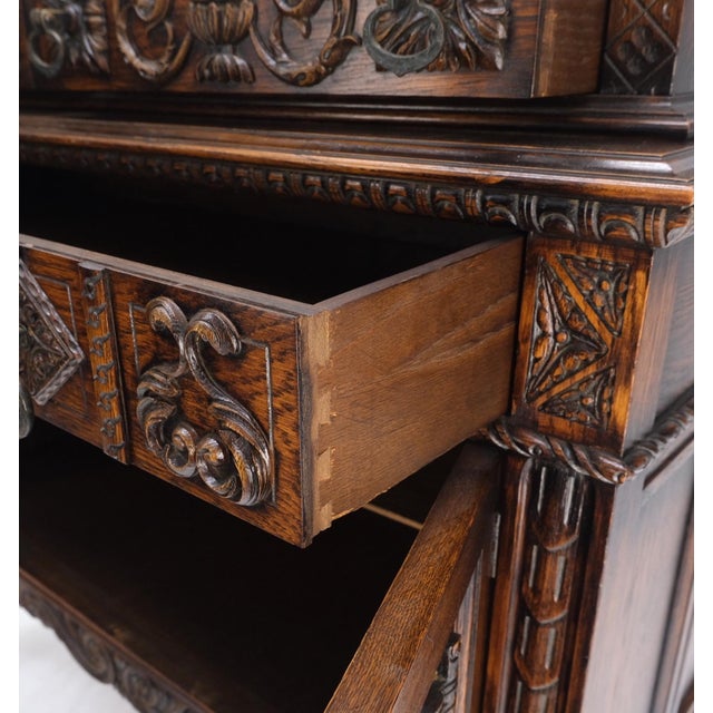 Jacobean Carved Oak Server Buffet 2 Doors 3 Drawers Commode Cabinet For Sale - Image 10 of 12