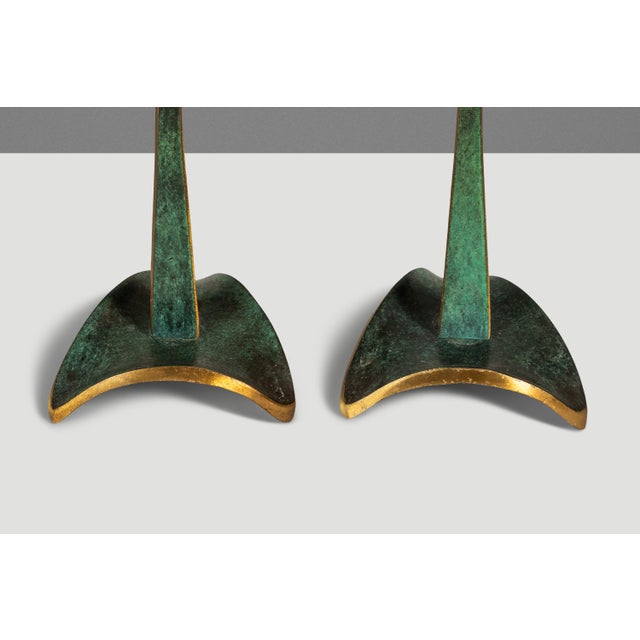 Set of Two (2) Mid-Century Post Modern Judaica Candlestick Holders in Brass and Acrylic Paint Attributed to Oppenheim, Israel, C. 1985 For Sale - Image 10 of 16
