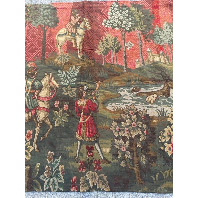 Mid-Century Jacquard Woven Tapestry – Equestrian & Medieval Garden Scene A charming mid-20th-century decorative tapestry,...