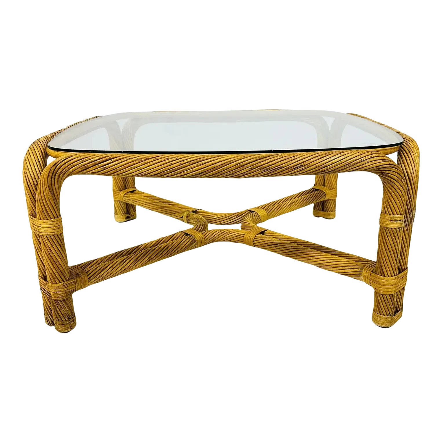 1960s Vintage Twisted Rattan Coffee Table With Glass Top