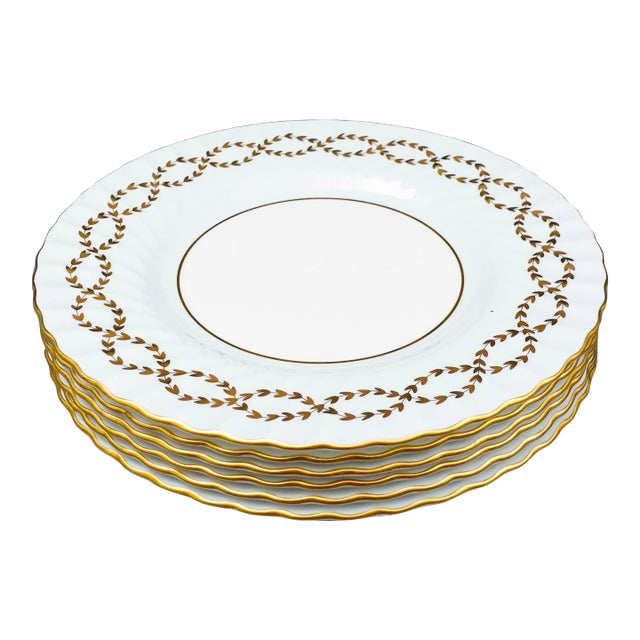 Late 20th Century Minton England Tiffany S600 Gold Laurel Leaf Light Blue Luncheon Plates- Set of 6 For Sale