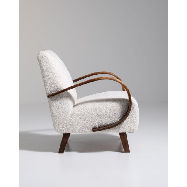 Mid 20th Century 20th Century Czech Republic Warm Ivory Boucle Bentwood-Arm Lounge Chair For Sale - Image 5 of 11