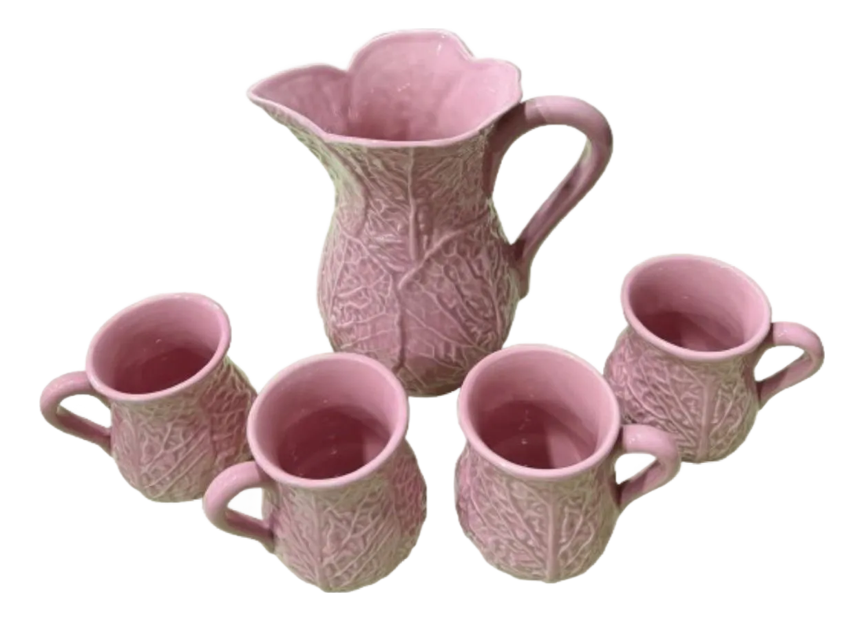 Vintage Pink Cabbage Ware Pitcher Set in the Style of Dodie Thayer