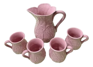 Vintage Pink Cabbage Ware Pitcher Set in the Style of Dodie Thayer - 5 Pieces