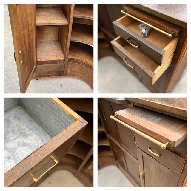 Unique Vintage Wood and Bamboo Full Dry Bar Set + Four Matching Swivel Bamboo Stools For Sale - Image 10 of 12