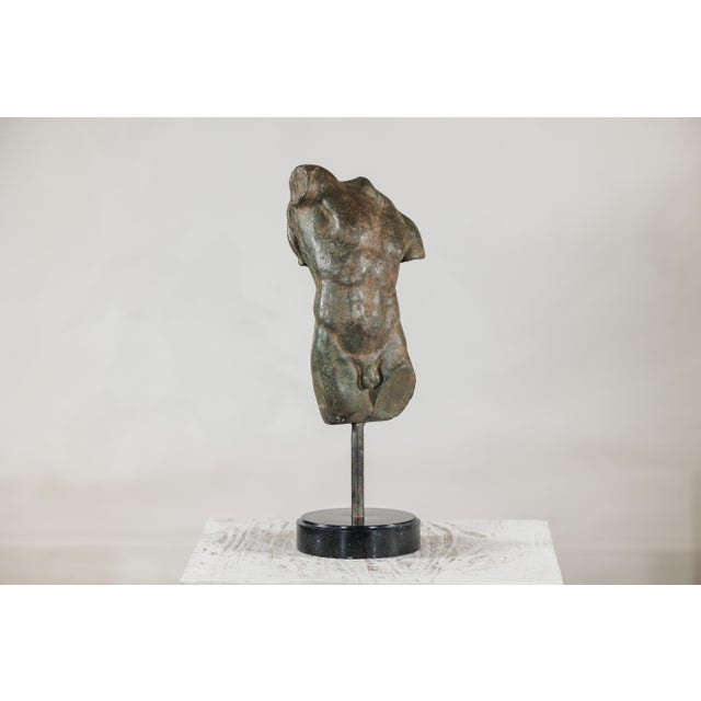 Figurative Late 20th Century Small Male Torso Bronze Sculpture on Circular Marble Base For Sale - Image 3 of 15
