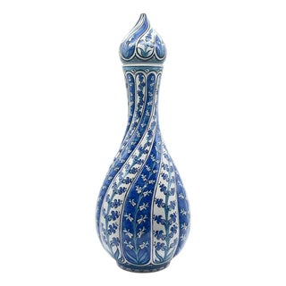 Handmade Ceramic “Cesm-i Bulbul” Decanter (~35cm) Swirling Fluted Ewer – Blue & White Spiral Design For Sale