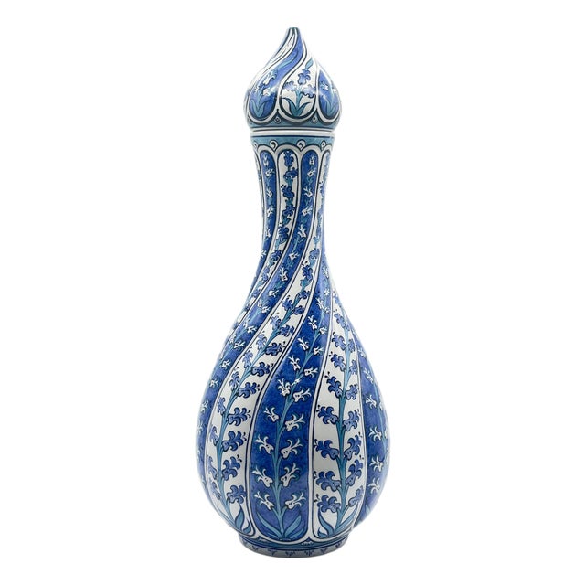 Handmade Ceramic “Cesm-i Bulbul” Decanter (~35cm) Swirling Fluted Ewer – Blue & White Spiral Design For Sale