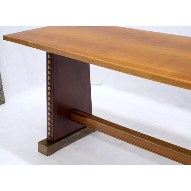 Narrow Long Boat Shape Walnut Dining Harvest Table Studs Leather Brass Decorated For Sale - Image 10 of 12
