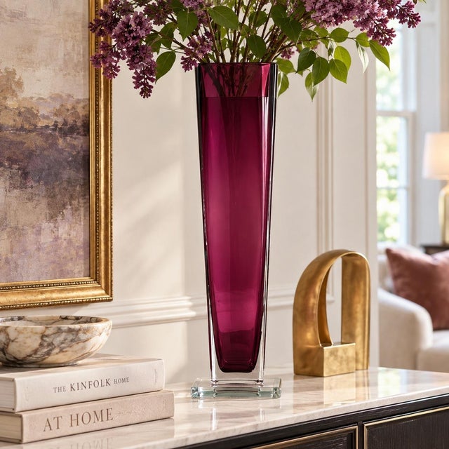 Mid 20th Century Tall Polish Plum Purple Art Glass Vase on Clear Square Base For Sale - Image 4 of 4