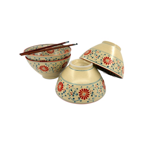 A beautiful set of four large Bat Trang ceramic pho and ramen bowls, handcrafted in Vietnam and decorated with an...