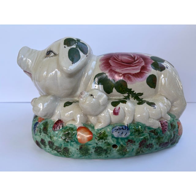 Mid-Century Modern Vintage 1950s Italian Majolica Pig With Seven Piglets Hand-Painted Ceramic Sculpture For Sale - Image 3 of 10
