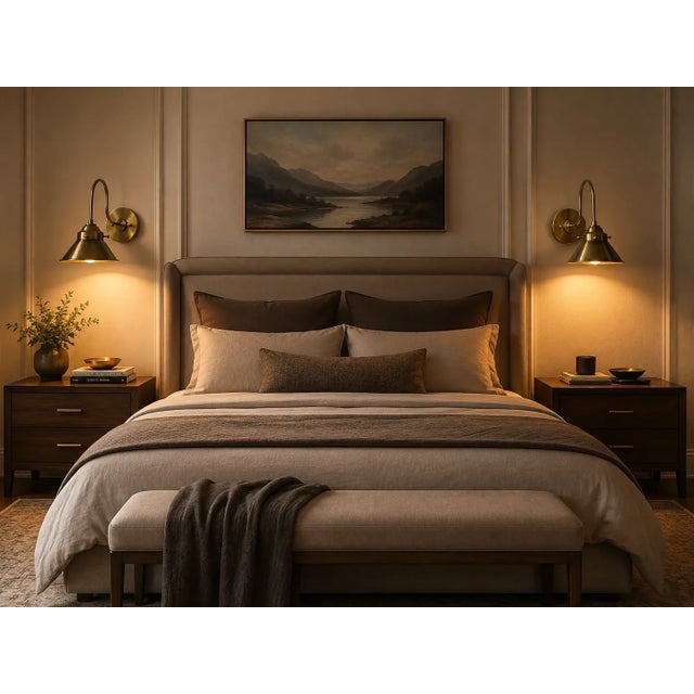 Crafted from solid brass, this handcrafted wall sconce features a broad conical dome shade paired with a gracefully curved...