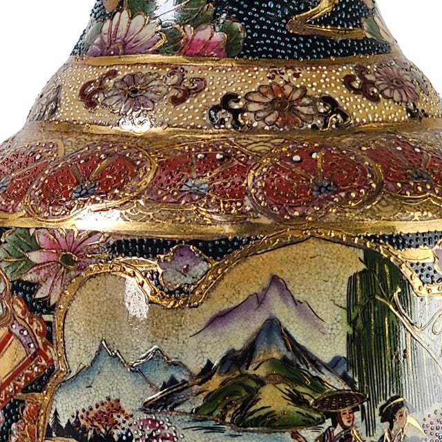 Late 20th Century Vintage Moriage Satsuma Gold Embellished Polychrome Temple Vase, Porcelain, 14" For Sale - Image 5 of 12