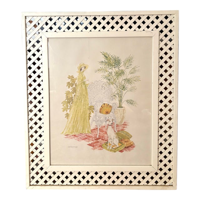 Lattice Framed Lithograph by Gloria Eriksen 1970s For Sale