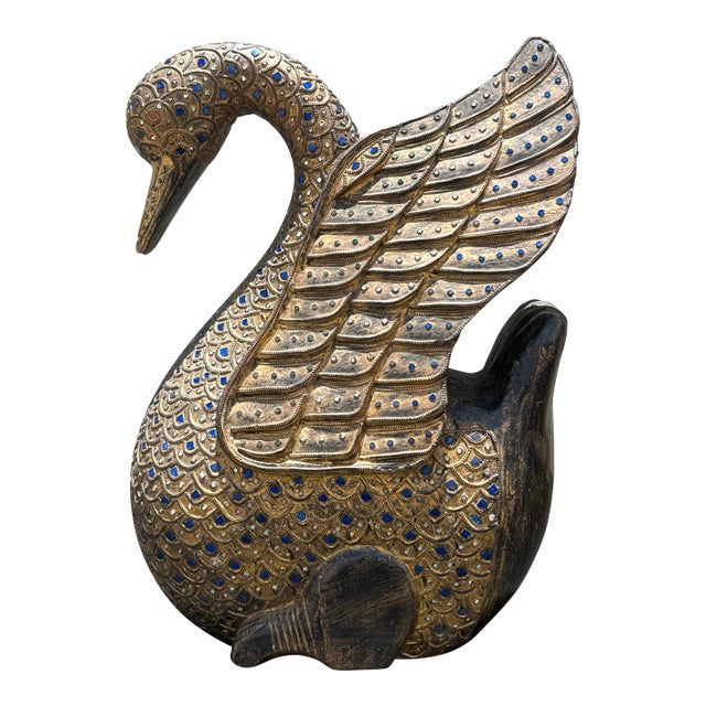 Vintage Wooden Hand Carved Folk Art Swan With Jeweled Inlay For Sale