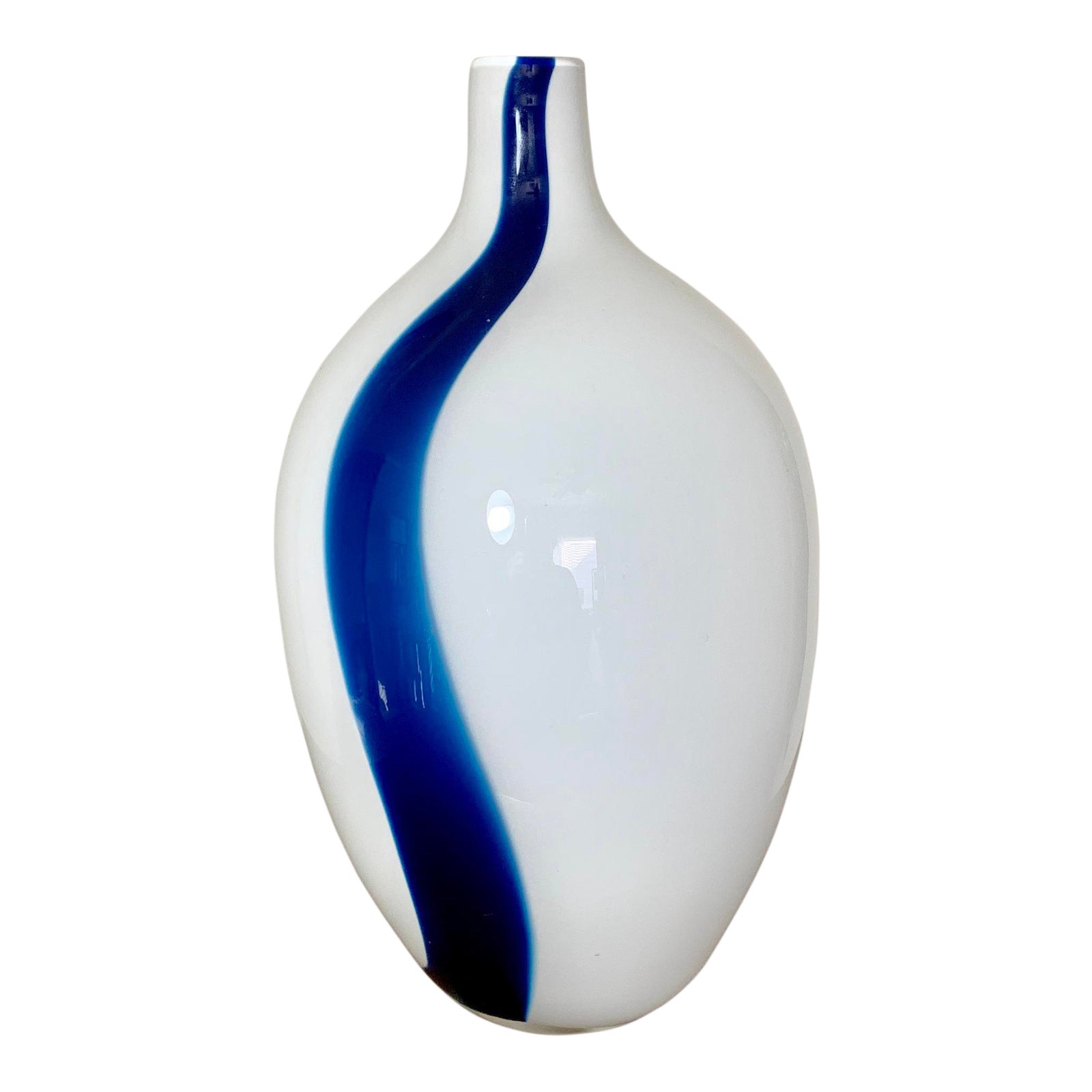 Minimalist Milk Glass White Bottle Vase With Cobalt Blue Stripe
