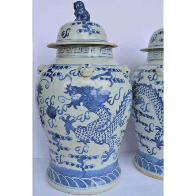 Large Chinoiserie Blue and White Dancing Dragon Ginger Jars, a Pair For Sale - Image 4 of 9