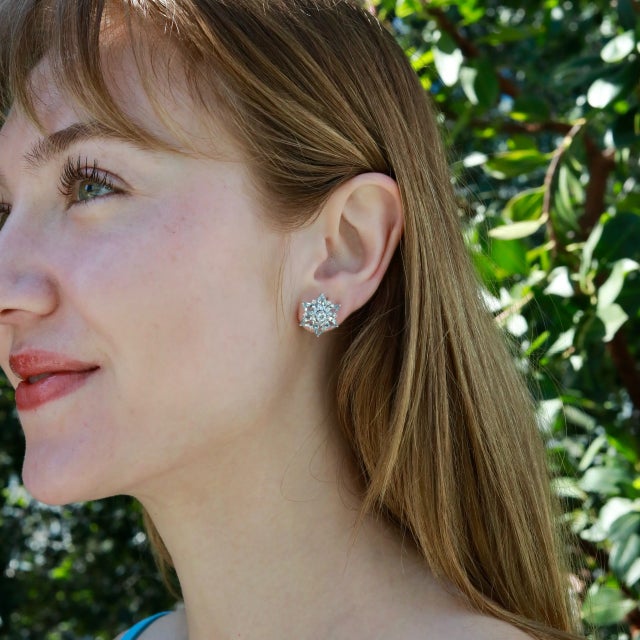Nina Zhou Jewelry Nina Zhou Aquamarine Diamond Snowflake Earrings in 14k Yellow Gold - a Pair For Sale - Image 4 of 7