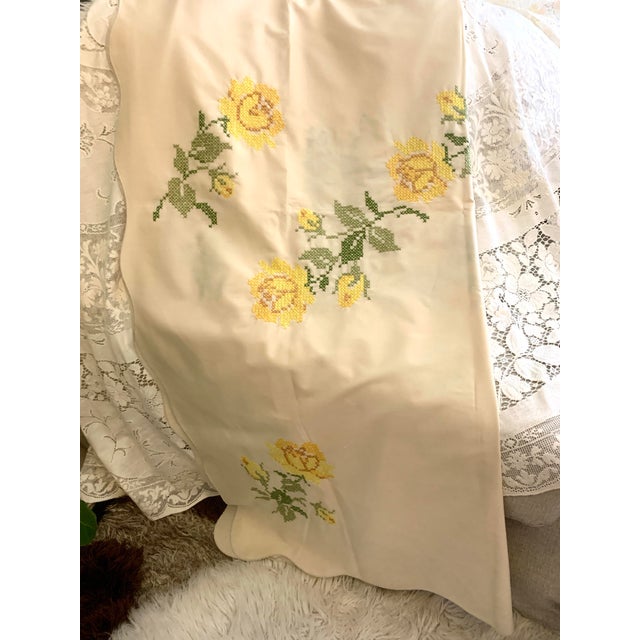 Vintage 1970’s Handmade Cross Stitch Floral Embroidered Tablecloth For Sale In Miami - Image 6 of 12