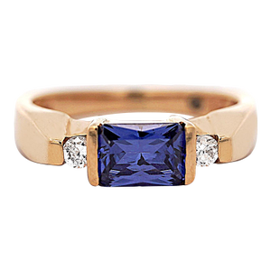 1.50 Carat Radiant Cut Tanzanite & Diamond Accents 14k Yellow Gold Bar Set Ring, Size 6.25