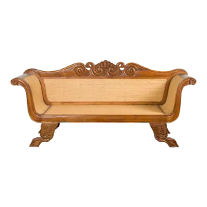 Dutch Colonial Javanese Teak Settee with Carved Décor and Inset Woven Rattan