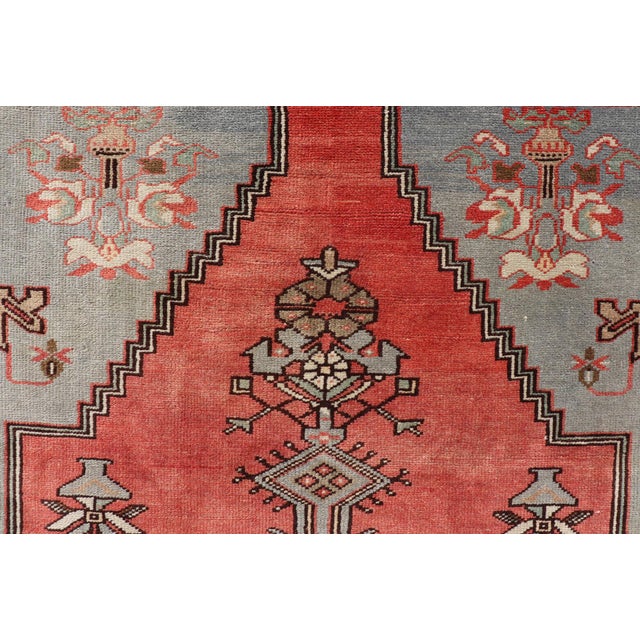 Tribal Vintage Turkish Oushak Rug With Coral, Ice Blue, and Soft Mocha Tones 4'1"x7'7" For Sale - Image 3 of 13