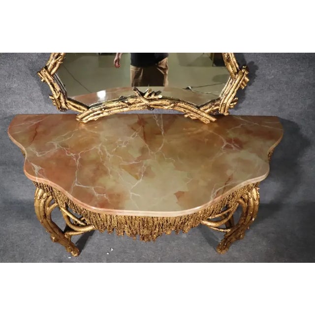 1990s Large Gilded French Louis XVI Style Faux Bois Console Table With Mirror For Sale - Image 5 of 11