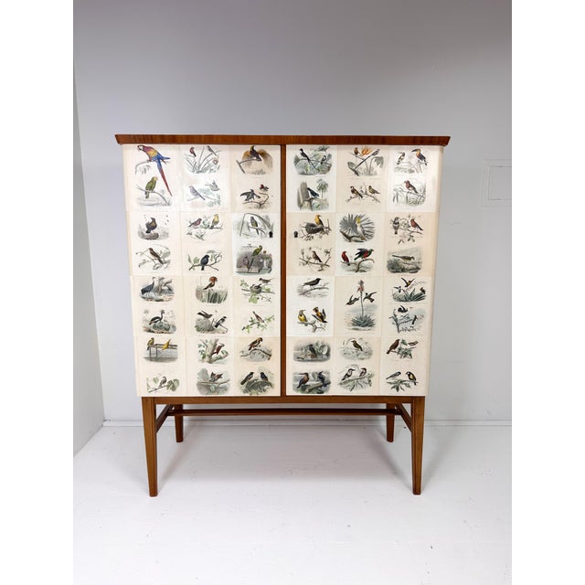 1950's Swedish Cabinet later papered with Bird Illustrations by Édouard Traviés. 2 Large doors conceal interior shelves...