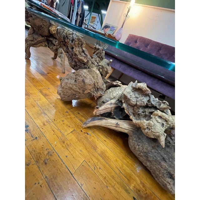 Mid-Century Modern Vintage Driftwood Sculptural Glass Top Coffee Table For Sale - Image 3 of 6