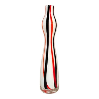Vintage MayRich Company Handcrafted Art Glass Vase Red Black & White Ribbon For Sale