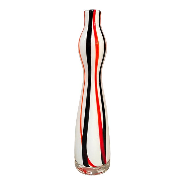 Vintage MayRich Company Handcrafted Art Glass Vase Red Black & White Ribbon For Sale