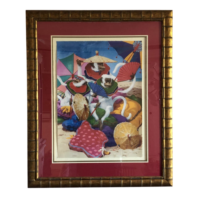 2002 "Monkeys on the Beach" Anthropomorphic Lithograph by Dan Poole, Framed For Sale