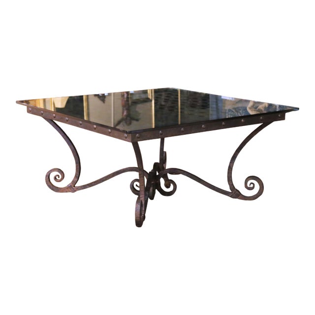 Mid-Century French Iron and Oak Riddling Board Table With Glass Top For Sale
